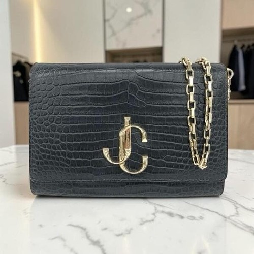 Jimmy Choo Croc Embossed Chelsea Shoulder Bag Dark Navy Gold Chain Vintage Auth
