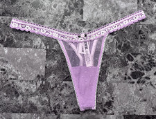 NWT VICTORIA'S SECRET PINK PURPLE DOTTED MESH LACE FLORAL APPLIQUE THONG PANTIES