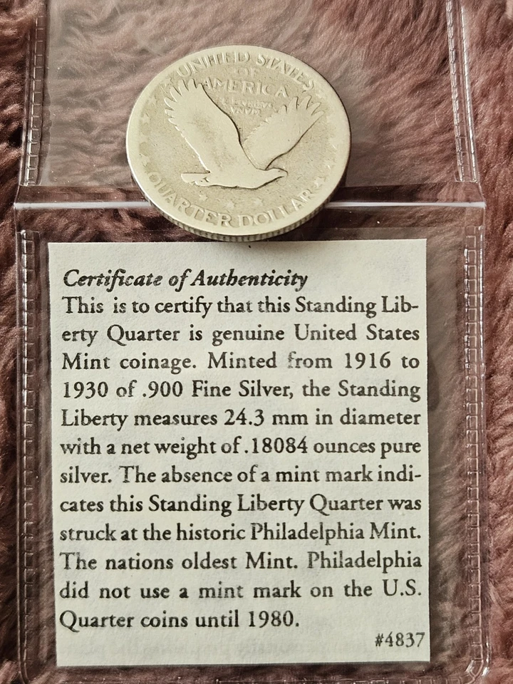 1927 Standing Liberty Quarter SILVER COIN & Certificate Of Authenticity - Image 2 of 4