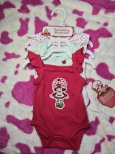 Newborn Baby Girl Red,Green,White Strawberry Shortcake Bodysuits - New