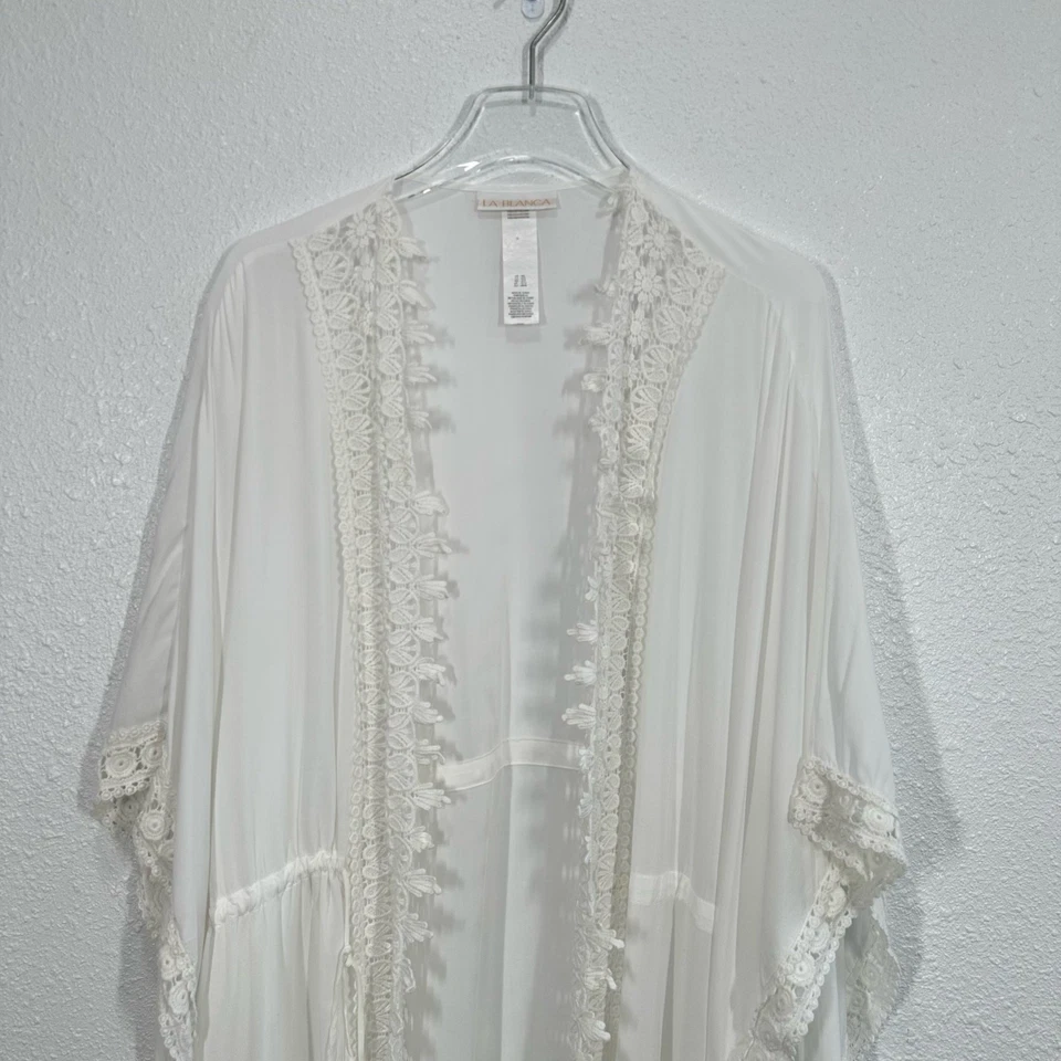 La Blanca Costa Brava Crochet Ribete Kimono Natación Cubre Talla M/L Blanco Corbata Frontal Foto 3 de 4