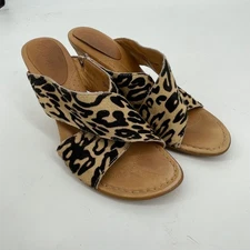 Born Crown Strap Leopard Print Cork Wedge Heels Mules Slides Size 9M Glam Party