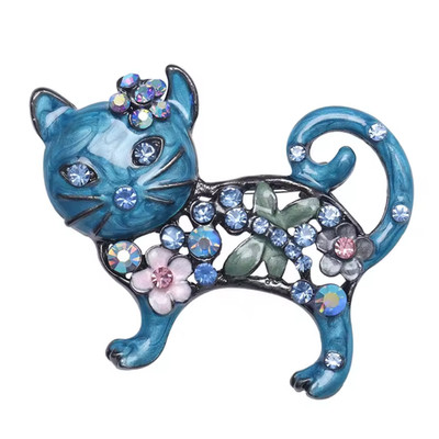 Rhinestone Cute Blue Cat Brooch Crystal Flower Kitten Pin Animal Jewelry Gift