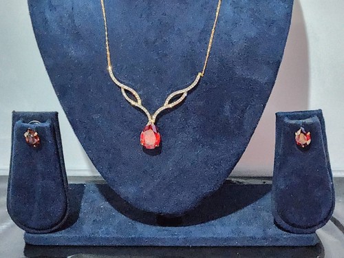 Gold finish Ruby Pear Drop cut created diamond necklace And Earrings 50CM UK S - Picture 11 of 21