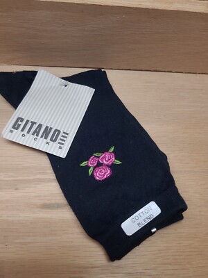NEW VINTAGE 1990s GITANO SOCKS SIZE 9-11 Black with roses 