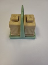Vintage Carvanite Art Deco Push Button Salt & Pepper Shakers With Stand USA Made