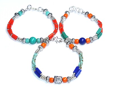 Turquois Coral Amber Lapis Gemstone Handmade Nepali Bracelet 7-8.5 Inch'' D1455