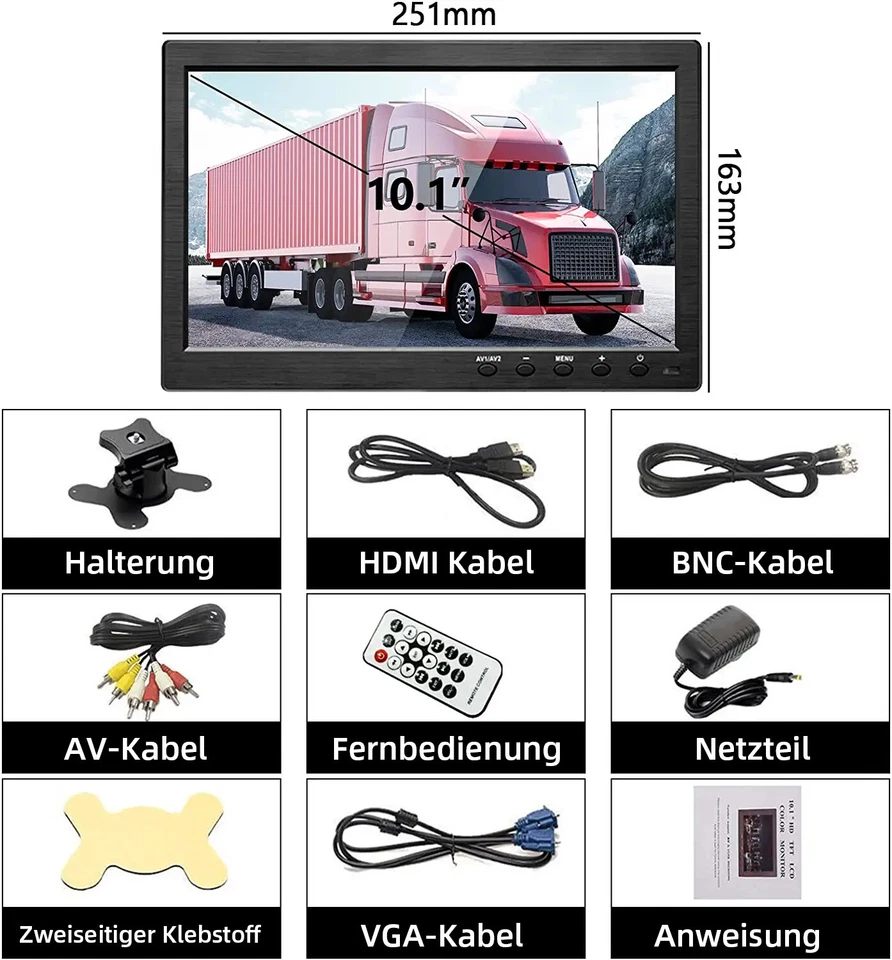 10.1" Zoll HD 1080P LCD Auto Monitor 1280x800 CCTV HDMI/BNC/AV/VGA Mit Speaker - Bild 4 von 4