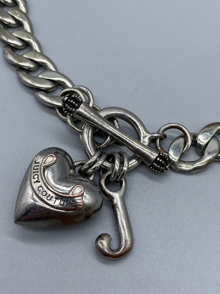 Juicy Couture Silver Tone Choker Chain Link Toggle Clasp Heart J Charms Necklace - Image 4 of 4