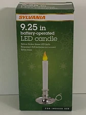 SYLVANIA 9.25" BATTERY OPERATED LED FLICKER FLAME CANDLE SILVER BASE TIMER