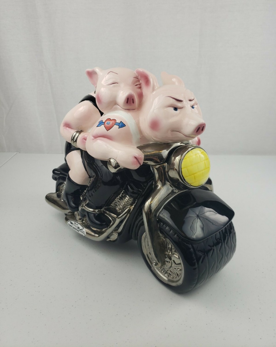 1999 Clay Art Biker Hogs on Motorcycle Ceramic Cookie Jar Hand