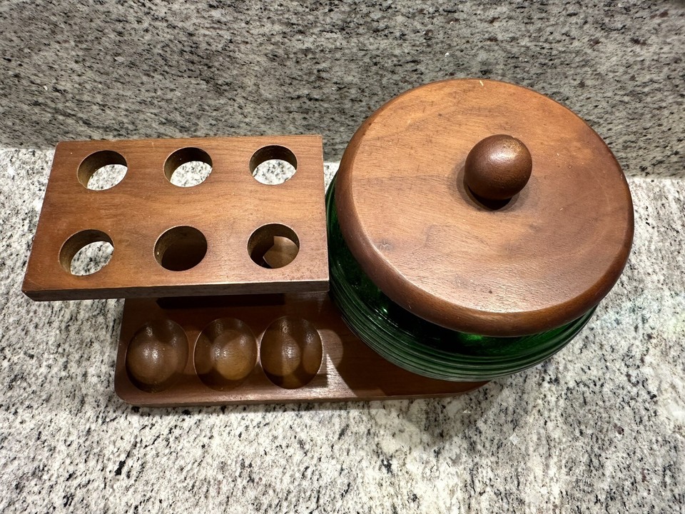 VTG Walnut Pipe Holder Rack w Green Glass Tobacco Jar Humidor Mid