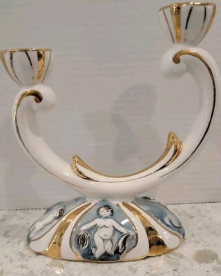 Candle Holder Portuguese Porcelain Double w/Cherubs.  Measures 7 3/8 X 6 1/4