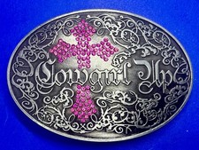Cowgirl Up Pink Rhinestone Cross Jeweled Religious Faith Western Belt Buckle