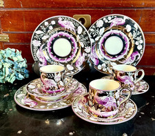 Set of 3 Staffordshire Silver Pink Lusterware Demitasse Cups and Dessert Plates