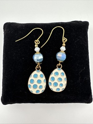 Easter Egg Blue Polka Dot Beaded Pierced Dangle Hook Earrings