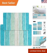 Highly Absorbent Cotton Bath Mat Set   Non-Slip Striped Design in Aqua Turquoise