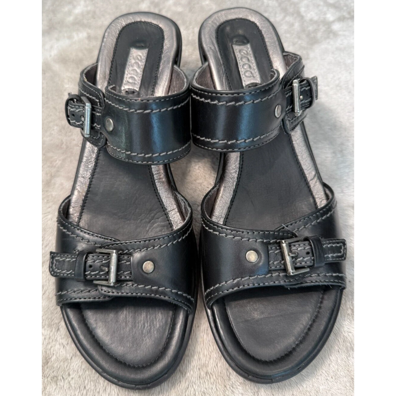 Ecco sandali donna zeppa cinturino fibbia metallizzato pelle nera taglia EU 40 US 9