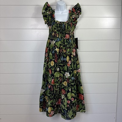 NWT Tuckernuck Mallie Smocked Midi Dress Black Blooming Botanical Print sz L