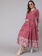 Maroon Kurta Women Floral Printed Flared Anarkali Kurti Gown Dress NEW