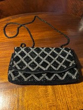 Vintage Beaded Evening Clutch Purse Black Silver Glass Beads