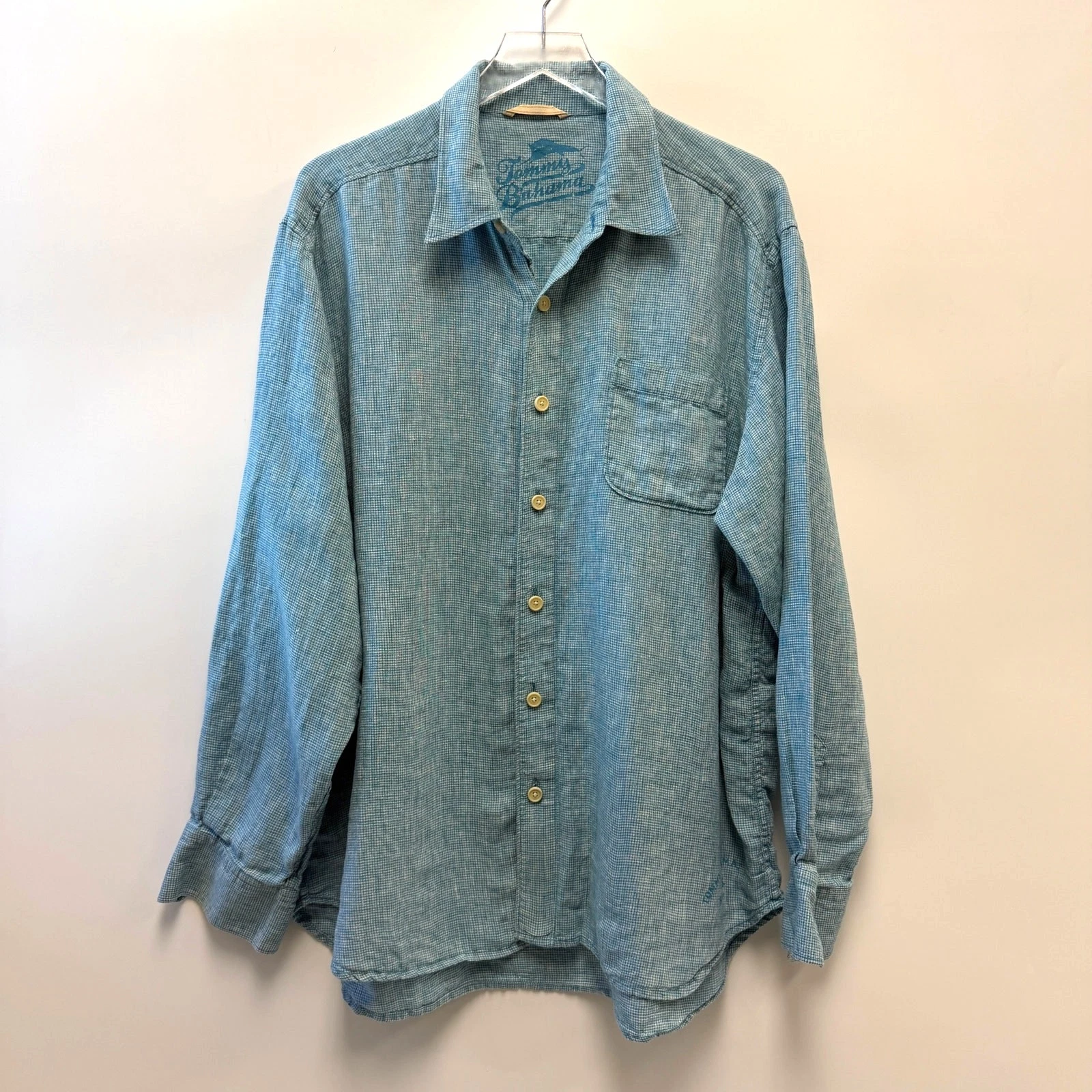 Tommy Bahama Blue Checker Print 100% Linen Button Front Shirt Sz XL