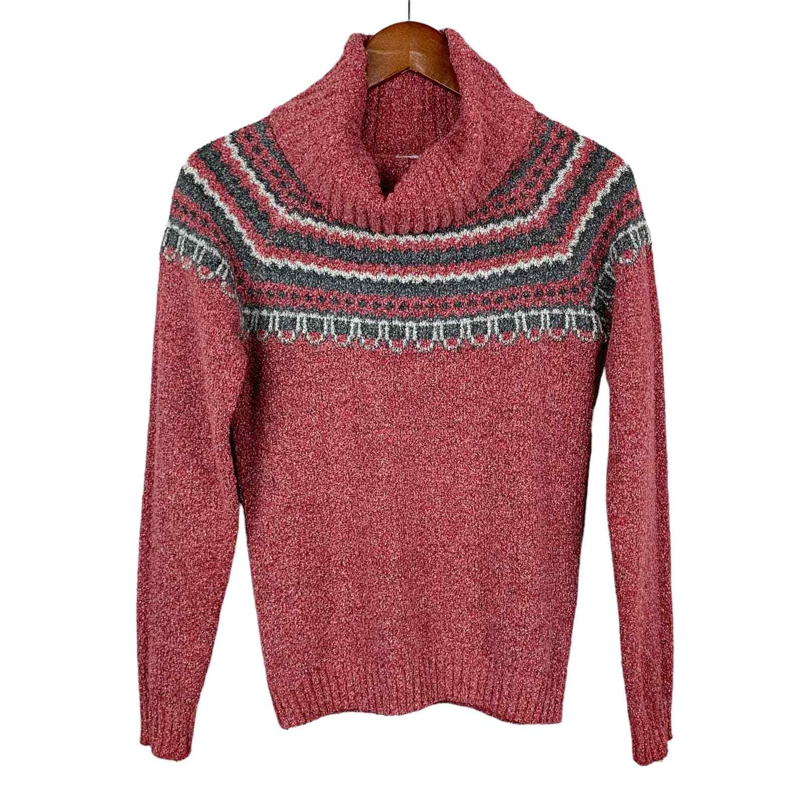 Columbia Sweater Cowl Neck Fairisle Nubby Red Knit Women's S | eBay