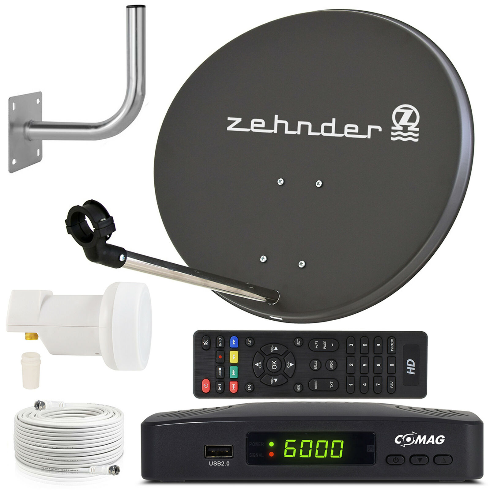 Zehnder SAT Anlage 60cm Spiegel Comag HDTV HD RECEIVER LNB Kabel Wandhalter grau