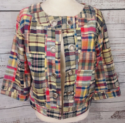 Keren Hart Plaid Jacket Small Patchwork Madras Open Front Grommet 3/4 Sleeve