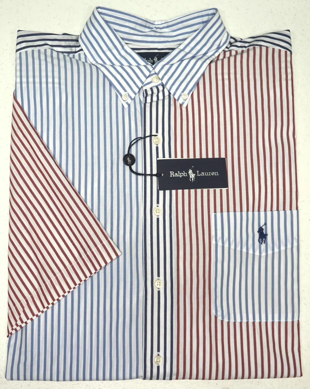 Polo Ralph Lauren Classic Fit Short Sleeve Shirt Blue Red Striped Pocket $138