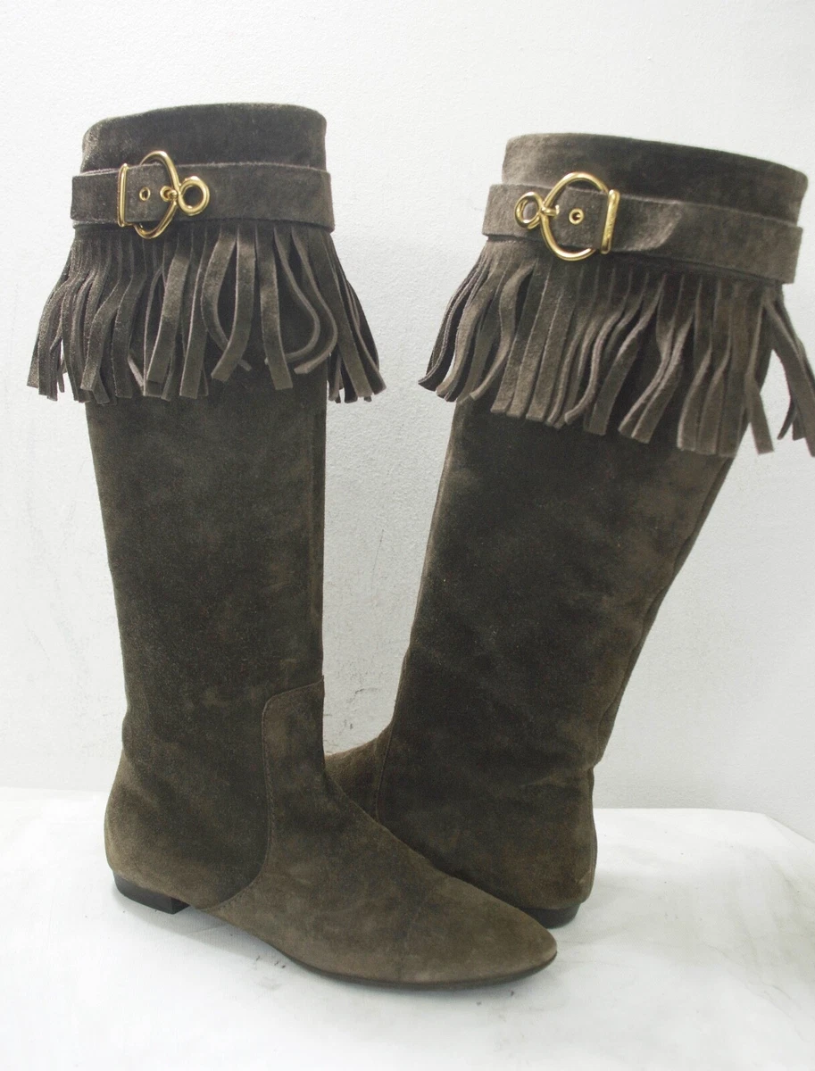 Louis Vuitton Brown Suede Knee High Flat Boots w Fringe PRELOVED EU 38