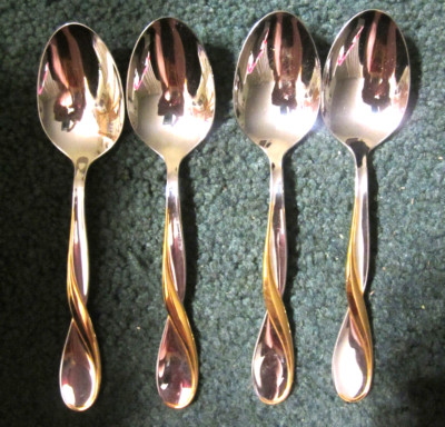 4 set,Oneida Golden Gold Aquarius soup spoons USA Stainless Flatware Lot VTG 7''