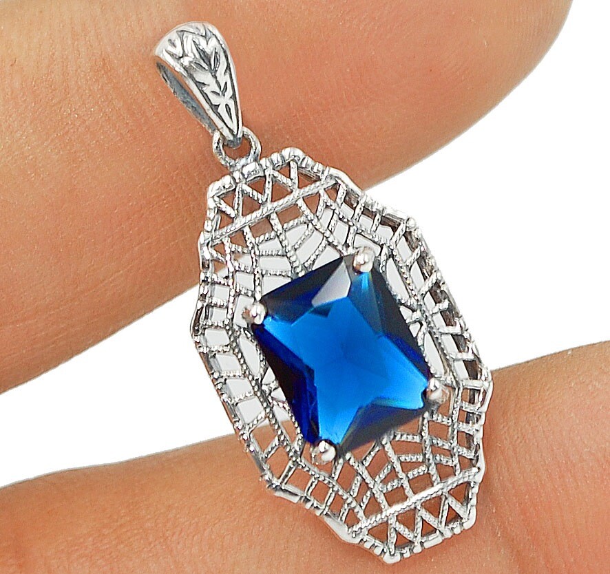 2CT Treated Blue Sapphire 925 Sterling Silver Victorian Style Pendant AB1228