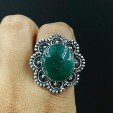 Natural Green Aventurine Oval Gemstone 925 Sterling Silver Ring Size-7.5 US