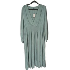 Old Navy Midi Dress XXL Sage Green Smocked Waist Dobby Boho Cottagecore Pockets