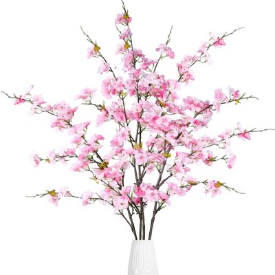 Artificial Cherry Blossom Flowers 4 Pcs Faux Cherry Blossom Stems Faux Silk C...