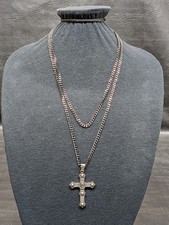Gothic Skull Cross Necklace Pendant Silver Tone Black Chain Emo Rebel Biker 47"
