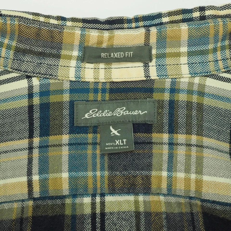 Eddie Bauer 法兰绒纽扣衬衫男式 XLT 高米色格子休闲版型露营 — 第 3/3 张图片