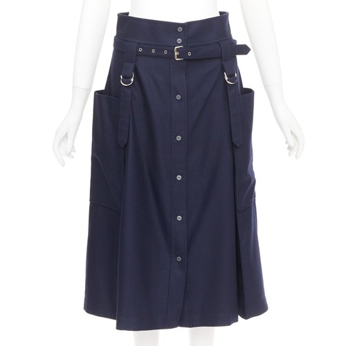 HERMES navy flanelle de laine legere buckle belt button front midi skirt FR36 S