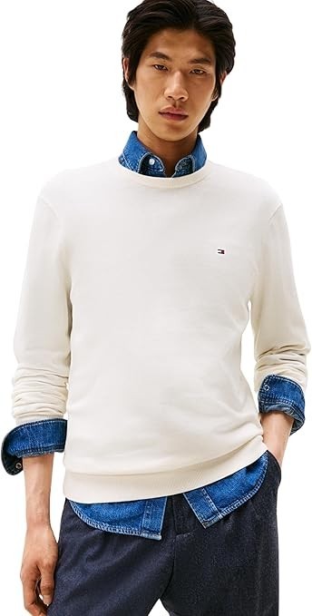 Tommy Hilfiger Men's Ivory Cotton Round Neck Jumper - Size M