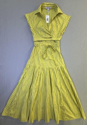 Derek Lam 10 Crosby Dress Womens 2 Yellow Striped Collared Belted Fit & Flare