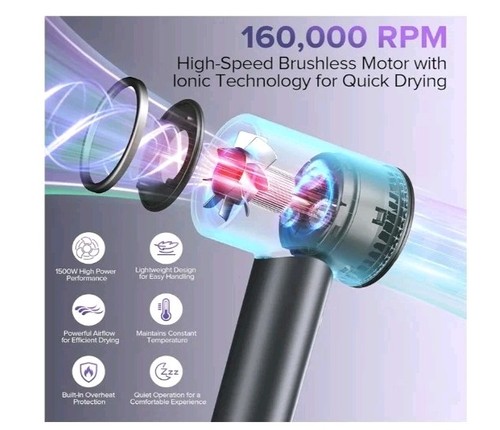 Hair Dryer, 160000 RPM Ionic Hair Dryer Portable Lightweight Blow Dryer with 500 - Picture 3 of 5