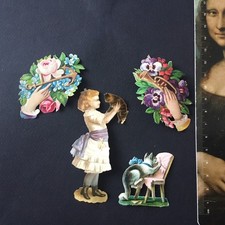 4 Chromos Anciens Chats Mains Fleurs XIXè Découpis Gaufré Victorian Scraps