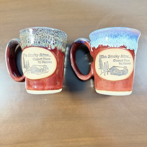 The Smoky Mountains Coffee Mugs By Smoky Mountain Pottery Pair Hand Crafted