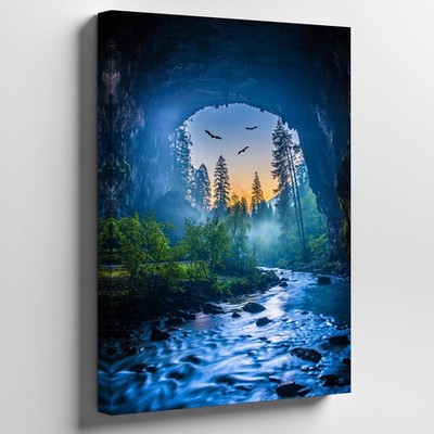 Serene Cave Interior At Twilight, Featuring A Tranquil River Flowing Wall Art