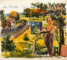 DDR Kunst - Ingeborg M.-Grabowski Aquarell "Max Grabowski beim Malen" um 1960