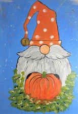 Gnome Painting Artist Pumpkin Picture Original Acrylic Artwork 20"x16" Signed