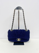 Chanel Flap Shoulder Bag Navy Knit Fabric Leather Trim Gold Hardware Authentic