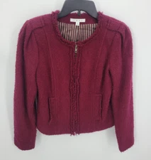 CABI Jacket Blazer Womens 4 Britt Maroon Boucle Tweed Fringe Trim Old Money Y2K