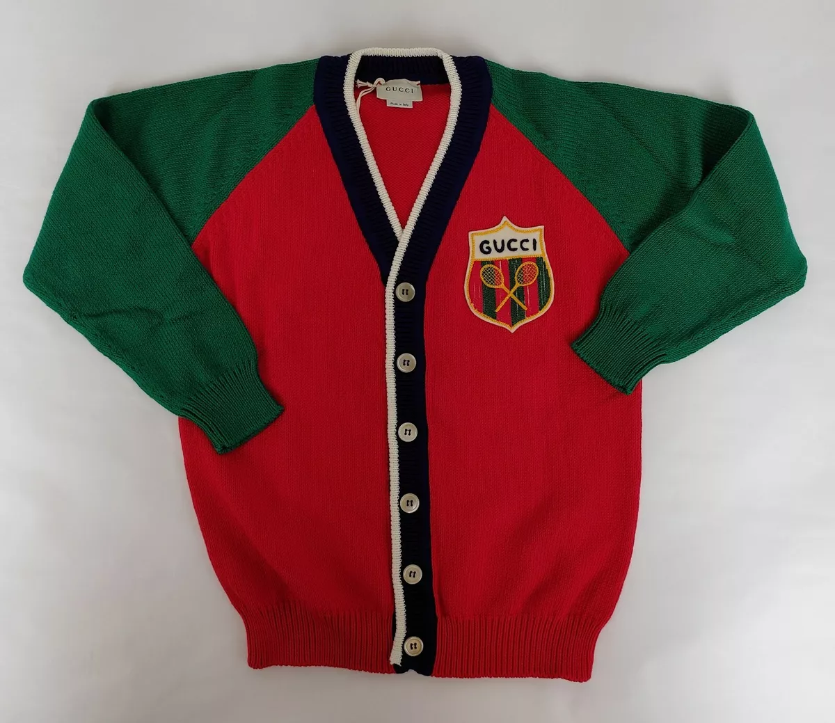 Gucci Kids Red/Green Cotton Tennis Racket Patch Cardigan 8 592538